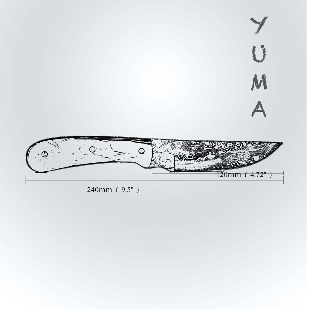 YUMA Damascus Steel Skinner Knife 5 inch blade with Original Cow leather sheath