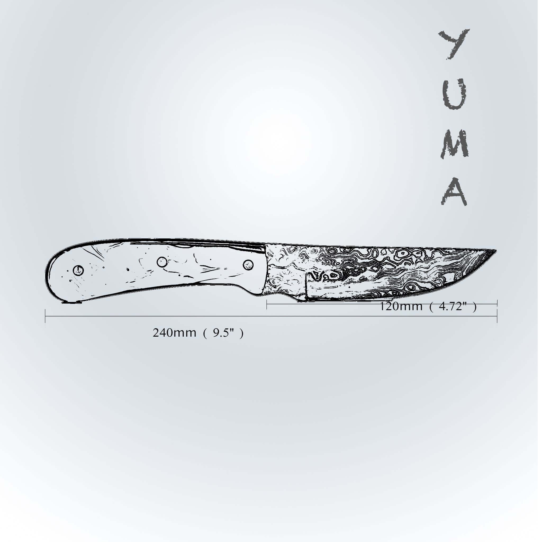 YUMA Damascus Steel Skinner Knife 5 inch blade with Original Cow leather sheath